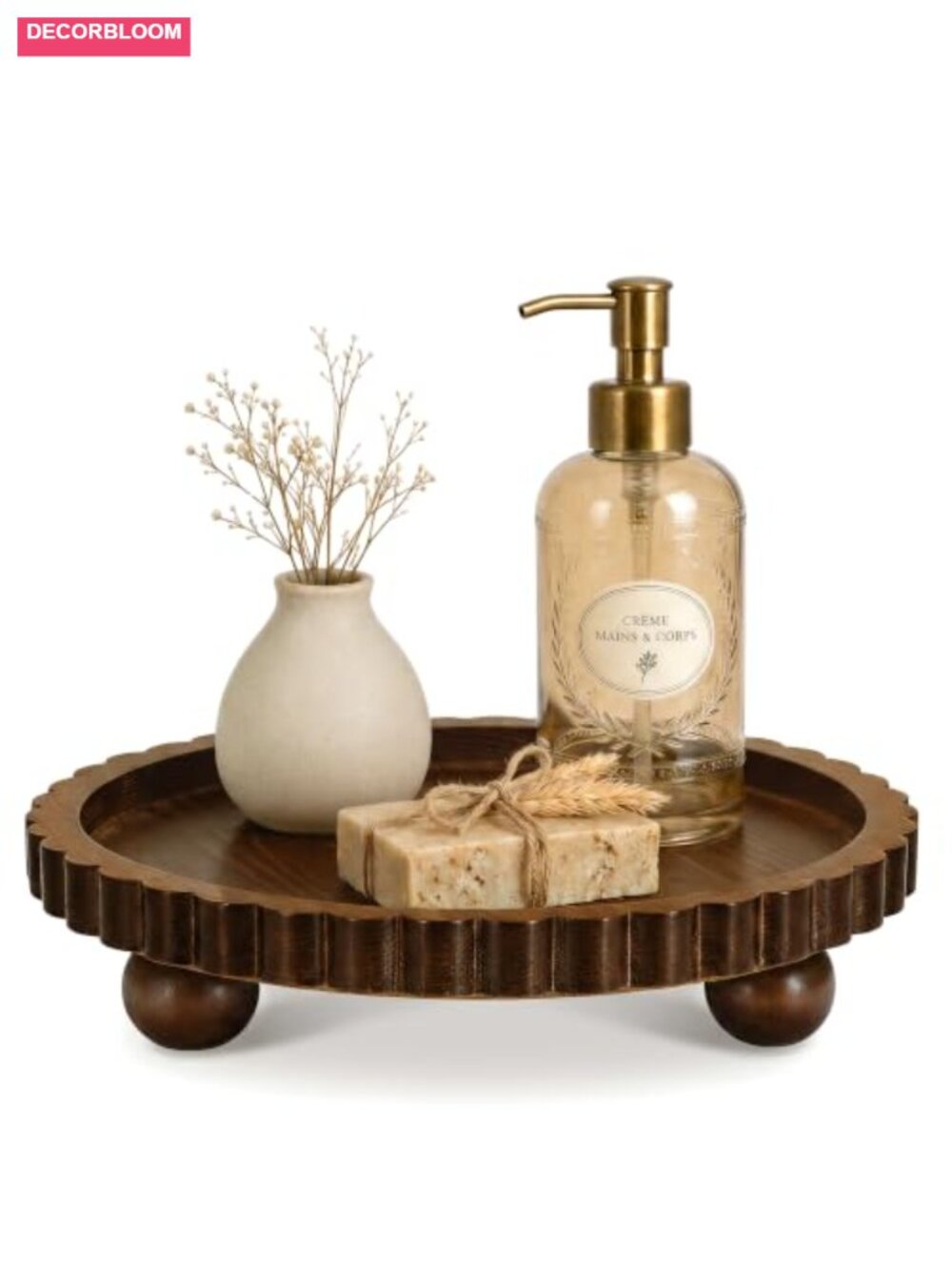Round Wood Decorative Tray Scalloped Edge Farmhouse Accent